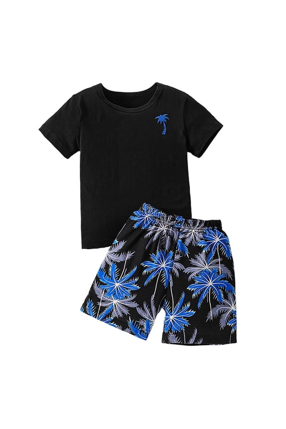 Boys Outfit Sets, Short Sleeve T-Shirt and Graphic Shorts 2-Piece Summer Fashion Beach Clothes Black Size 10