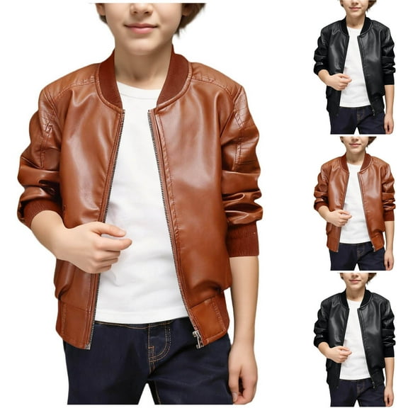 NAISIBABY Boys PU Leather Bomber Jacket 12T, Handsome Long Sleeve Zipper 2025 Fashion Motorcycle Coat Brown(2-16T)