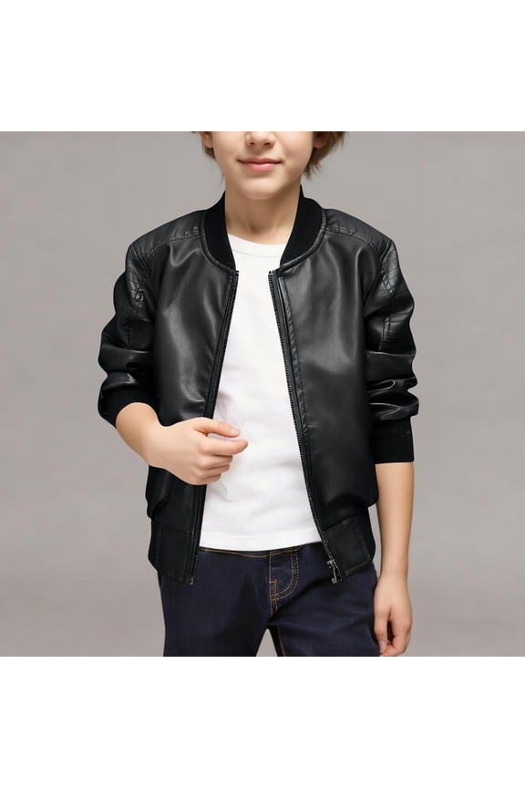 Boys PU Leather Bomber Jacket, Zipper Handsome Long Sleeve 2025 Fashion Motorcycle Coat Black 5T