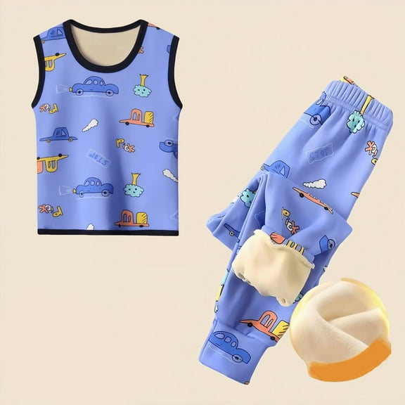 NAISIBABY Boys Pajama Sets 7T, Prints Tank Tops and Johns Winter Fleece Thermal Underwear Set 2-Piece Blue(2-12T)
