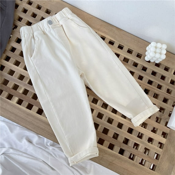 NAISIBABY Boys Pants, Elastic Waist Cotton Stretch Solid Kids Casual Pants White 4T