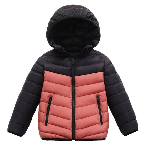 NAISIBABY Boys Puffer Jacket, Zipper Pockets Fashion Color Block Lightweight Warm Kids Winter Hooded Coat Watermelon Red 12T