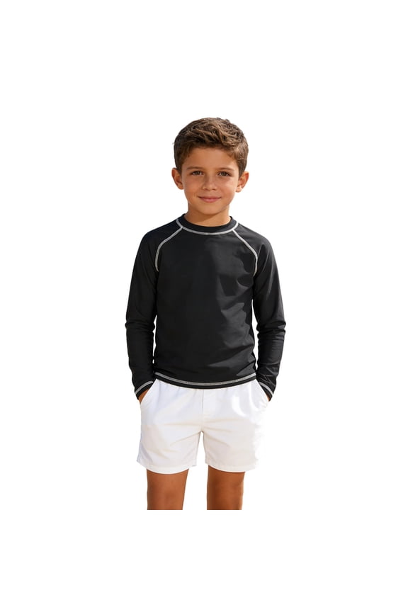 Boys Rash Guards with Long Sleeve, Sun Protection Stretchy Quick Dry Kids Beach Surf Athletic Swim Shirt Black 4T