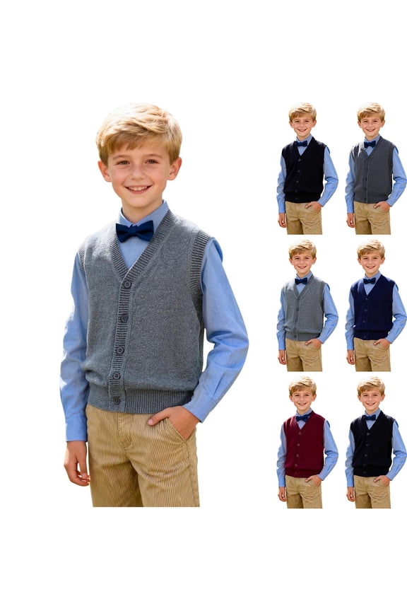 Boys School Uniform Cardigan Sweater (2-15T), Buttons Soft Stretchy V Neck Kids Knitted Vest Tops Outerwear Gray 7T