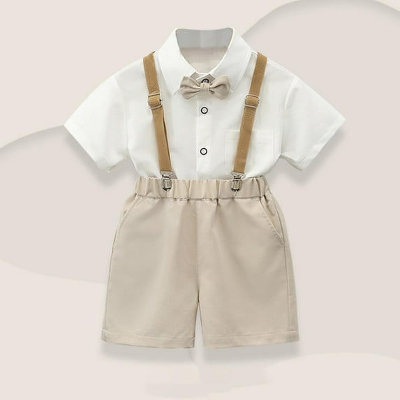 NAISIBABY Boys School Uniform Outfits 6 T, Short Sleeve Bowtie Shirt and Overall Shorts Gentleman Sets 2-Piece Khaki(1-12T)