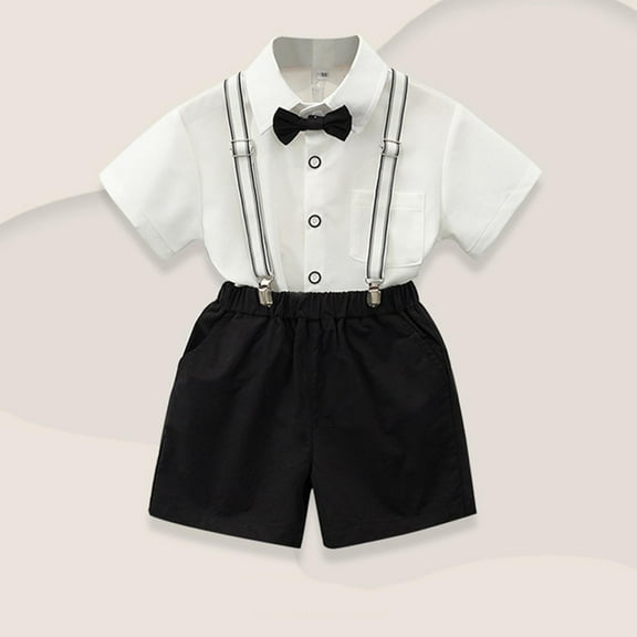 NAISIBABY Boys School Uniform Outfits, Short Sleeve Bowtie Shirt and Overall Shorts Gentleman Sets 2-Piece Black 6T