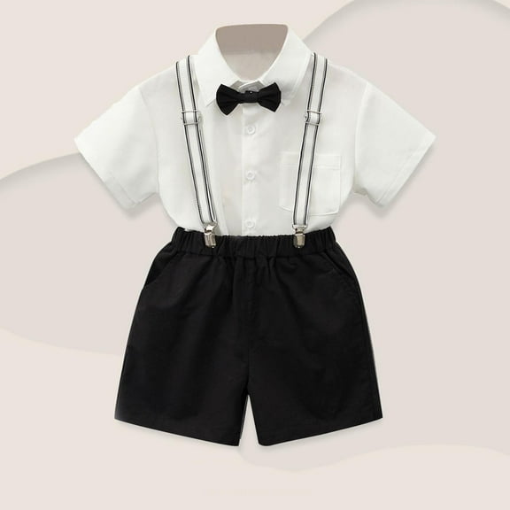 NAISIBABY Boys School Uniform Outfits, Short Sleeve Bowtie Shirt and Overall Shorts Gentleman Sets 2-Piece White 5T