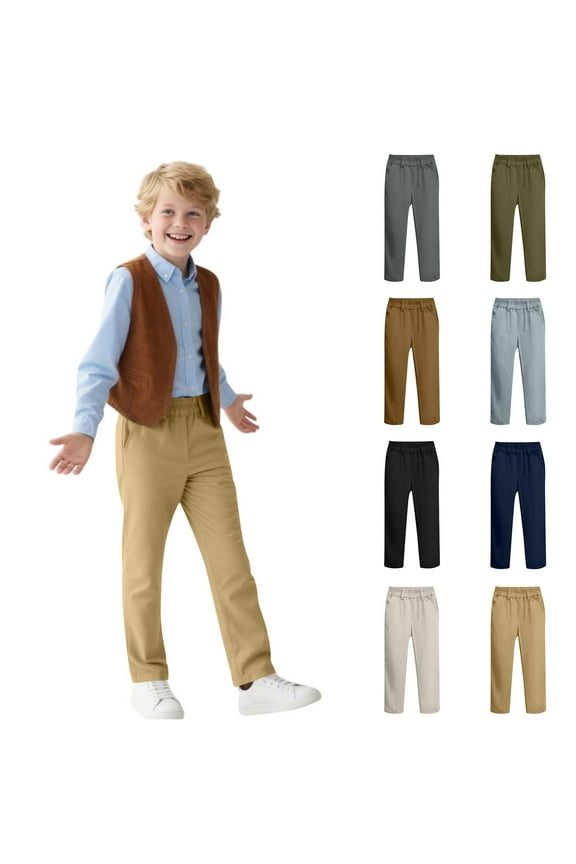 Boys School Uniform Pants Size 12, Flat Front Elastic Waist Straight Leg Pull-On Twill Trousers Khaki(5-14T)