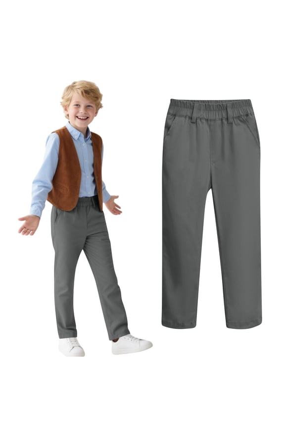 Boys School Uniform Pants, Straight Leg Elastic Waist Flat Front Pull-On Twill Trousers Gray 8T
