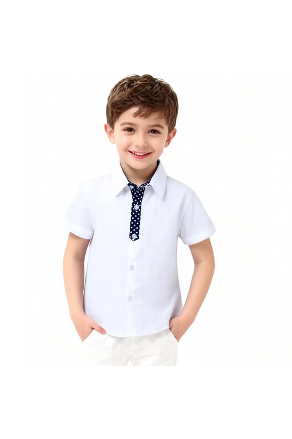 Boys School Uniform Shirt, Cotton Lightweight Button-Up Short Sleeve Kids Collared Shirt White 7T