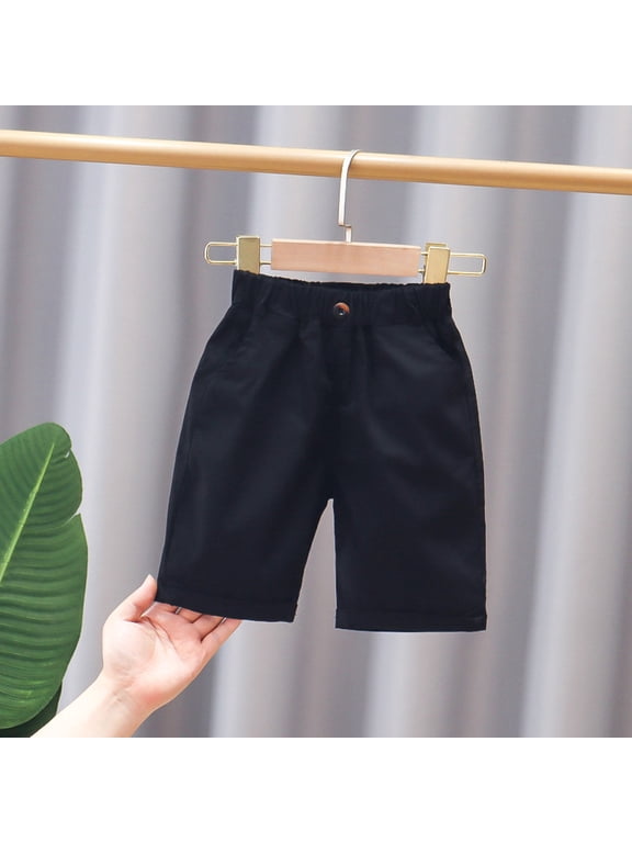 Boys School Uniform Shorts, Elastic Waist Solid Color Stretch Cotton Pull-On Shorts Black 5-6T