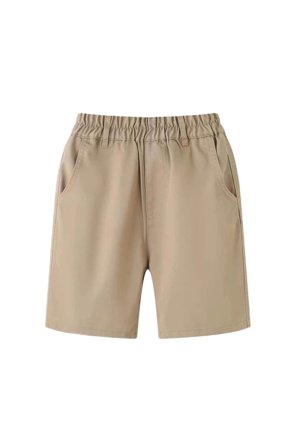 Boys School Uniform Shorts, with Pockets Elastic Waist Flat Front Kids Stretch Twill Pull-On Shorts Khaki 13T