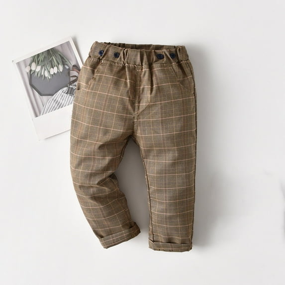 NAISIBABY Boys School Uniform Suit Pants, Casual Checked Elastic Waist Straight Leg Suit Trousers Brown 5-6T