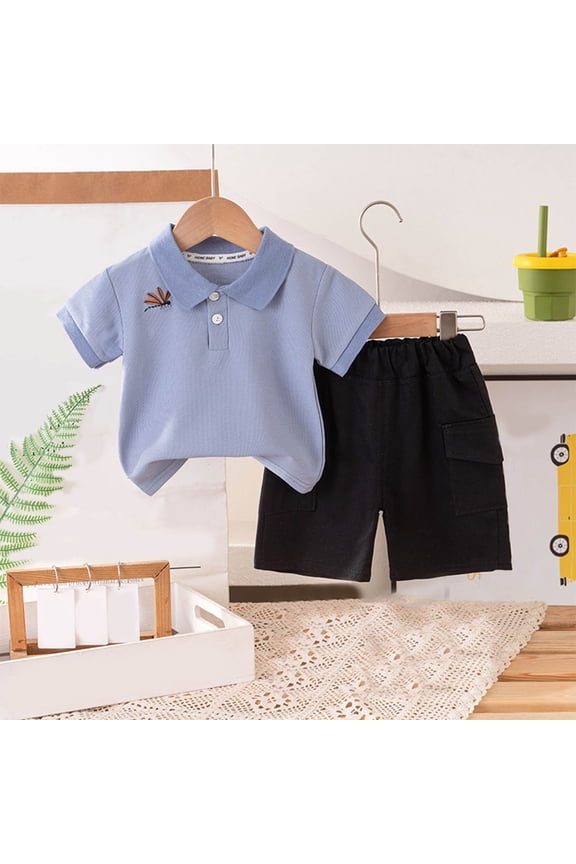 Boys Set 2-Piece, Short Sleeve Polo T-Shirt Cargo Shorts Summer Trendy Casual Outfit Blue 6-7T