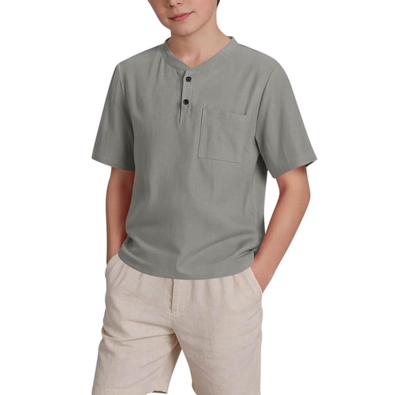 NAISIBABY Boys Short Sleeve T-Shirt, Cotton Linen with Pockets Button Down Collar Summer Fashion Daily Tees Gray 9T