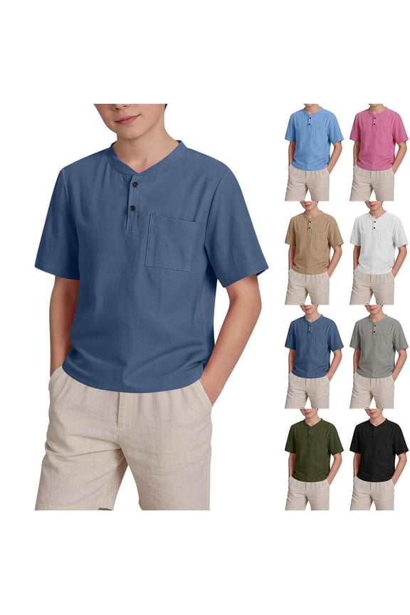 Boys Short Sleeve T-Shirt Size 14, Cotton Linen with Pockets Button Down Collar Summer Fashion Daily Tees (5-15T)