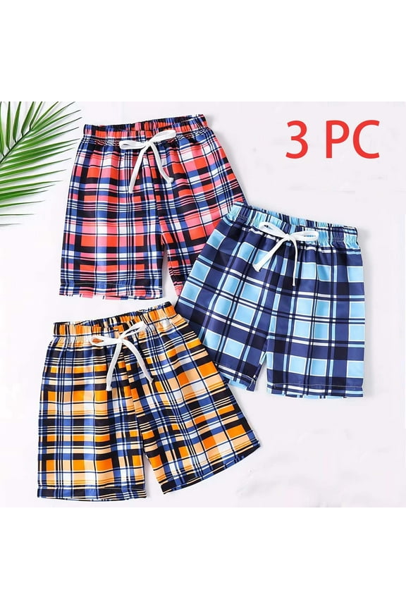 Boys Shorts 3-Pack, Elastic Waist Plaid Pull-On Casual Active Beach Shorts Multicolor 4-5T