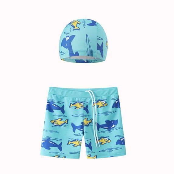 NAISIBABY Boys Swim Trunks, Fast Drying Soft Shorts Cap 2-Piece Swimsuits Blue 7-8 T