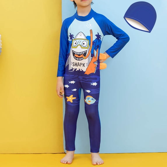 NAISIBABY Boys Swimsuit Set 2-Piece, Long Sleeve Cartoon Jumpsuit Swimwear & Swim Cap Rash Guard Bathing Suit Light Blue 7-8T