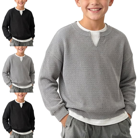 NAISIBABY Boys T-Shirt Size 10, Fake Waffle Knit Long Sleeve Crew Neck Casual Winter Top Gray