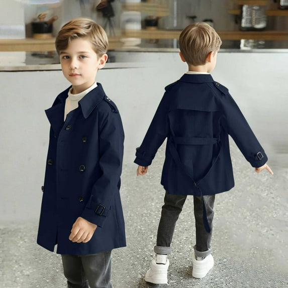 NAISIBABY Boys Trench Jacket, Lapel Long Sleeve Fashion Casual Buttons British Style Windbreaker Outerwear Navy 14T