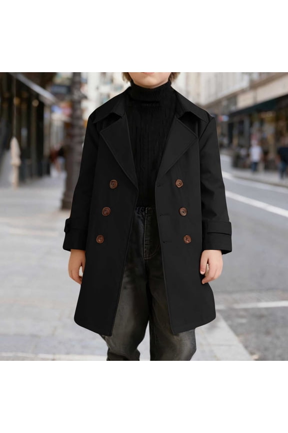 Boys Trench Jacket, Lapel Mid Length Classic British Styl Button Up Fashion Windbreaker Outerwear Black 12T