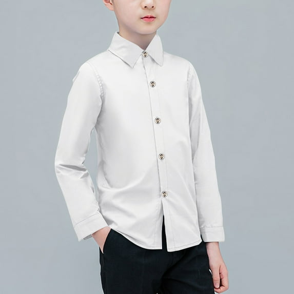 NAISIBABY Boys Uniform Shirt, Long Sleeve Lapel Button Solid Color Kids Shirt Top White 5T