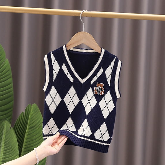 NAISIBABY Boys Vest Sweater, Classic Checked V Neck Sleeveless Pullover Soft Knitted Sweater Navy 1-2T