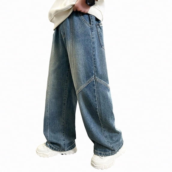 NAISIBABY Boys Wide Leg Jeans,High Waist Casual Fall Winter Denim Pants with Pockets Blue Size 7
