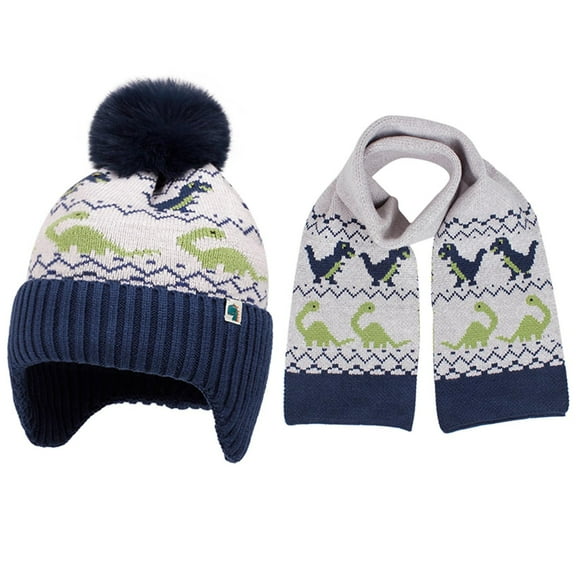 NAISIBABY Boys Winter Beanie and Scarf Set, Soft Warm Scarf Cute Knit Cap with Earflap Kids Windproof Thermal 2-Piece Navy 1-5T