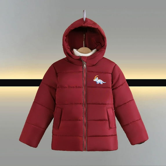NAISIBABY Boys Winter Quilted Coat, Warm Thicken Zip Up Dinosaur Hooded 2025 Fashion Quilted Jackets Outwear Red 4T