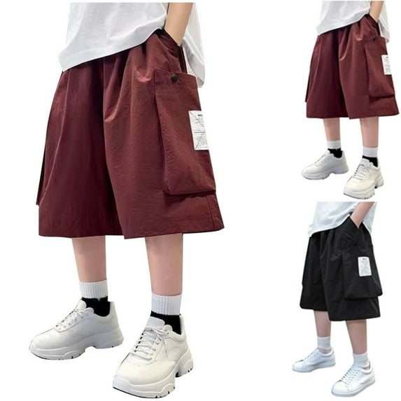 NAISIBABY Boys's Cargo Shorts Size 14-16, Baggy Fit Elastic Waist Cotton Fashion Summer Causal Bermuda Shorts Wine(5-15T)
