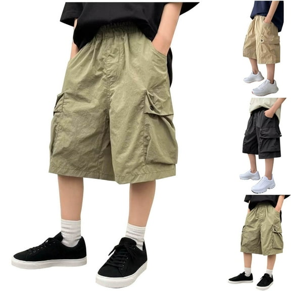 NAISIBABY Boys's Cargo Shorts Size 5, Baggy Fit Elastic Waist Cotton Summer Causal Fashion Shorts Green（5-15T)
