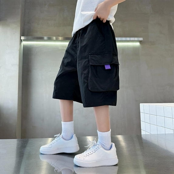 NAISIBABY Cargo Shorts for Boys Size 14, Elastic Waist Loose Fit Summer 2025 Casaul Bermuda Shorts with Pockets Black(4-14T)
