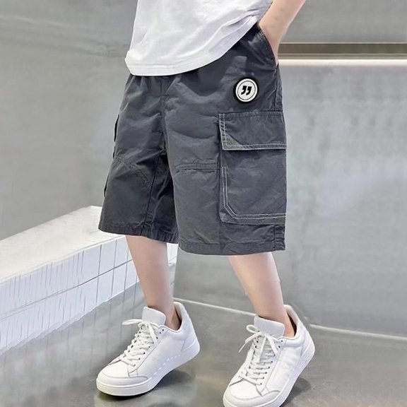 NAISIBABY Cargo Shorts for Boys, Loose Fit Elastic Waist Summer 2025 Casaul Bermuda Sport Shorts with Pockets Gray 6-7T