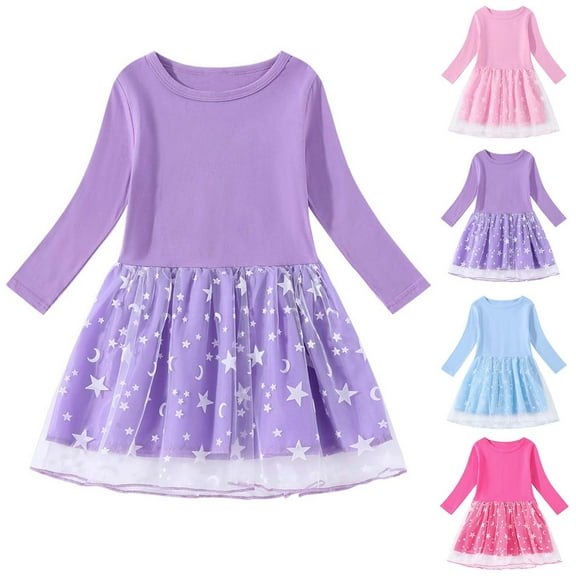 NAISIBABY Casual Dress for Girls, Long Sleeve Crew Neck Mesh Splicing Cotton Sundress Purple 1-2T