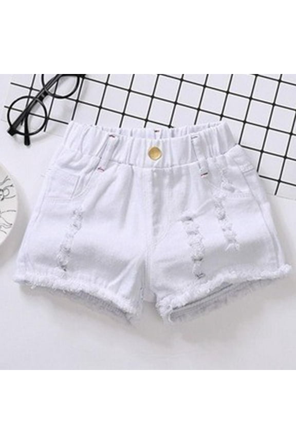 Denim Shorts for Girls, Ripped Elastic Waist Solid Color Kids Casual Outwear Jeans White 5-6T