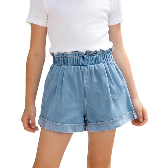 NAISIBABY Denim Shorts for Girls, Ruffles High Rise Soft Stretch Wide Leg Summer Casual Jean Shorts Blue Size 7-8