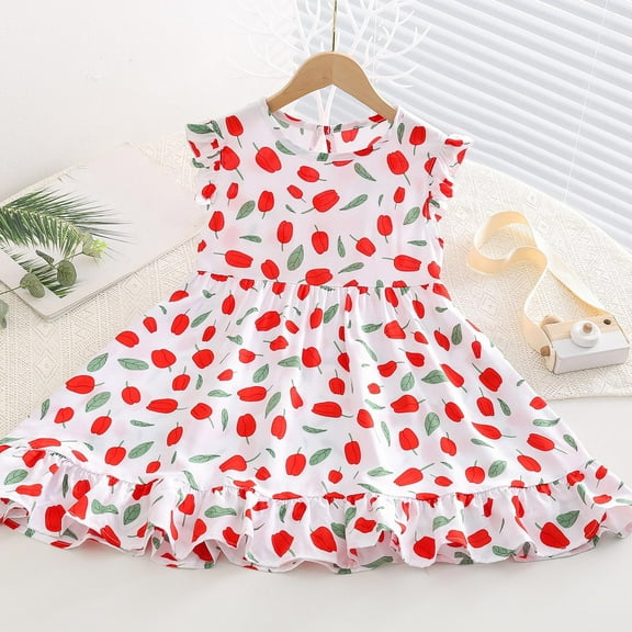 NAISIBABY Dress for Girls, Flare Floral Prints Sleeveless Kids Ruffled Casual Dress White 5-6T