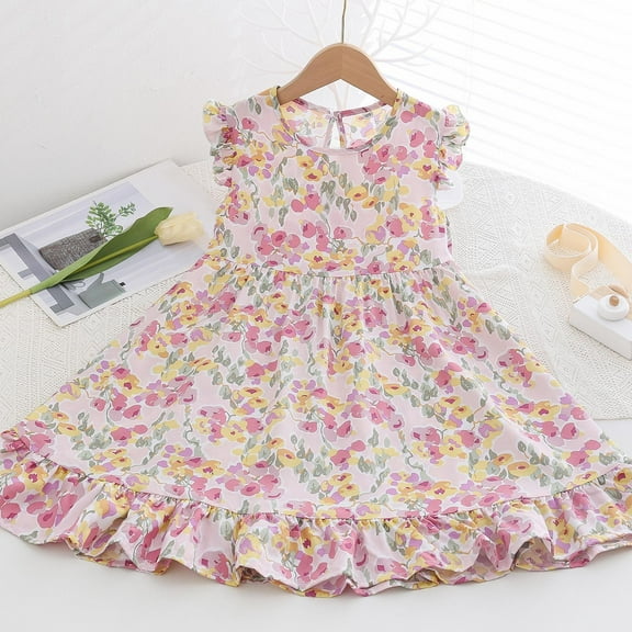 NAISIBABY Dress for Girls 6 T, Floral Prints Sleeveless Cotton Casual Flutter Dress White(5-13T)