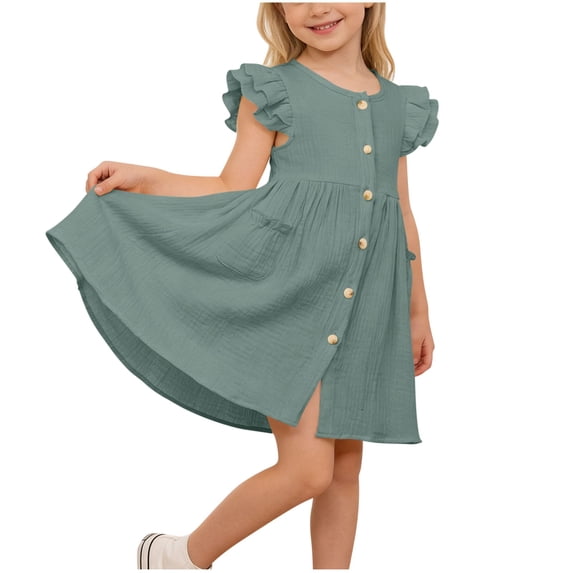 NAISIBABY Dresses for Girls, Pleated Waist Ruffled Sleeve Cotton Casual Summer Fashion Dress Green 7T