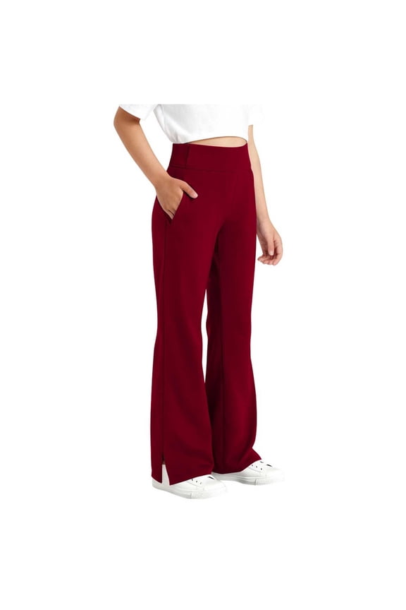 Flare Pants for Girls, High Waist Stretchy Soft with Pockets Kids Casual Yoga Dance Bell Bottoms Wine 14T