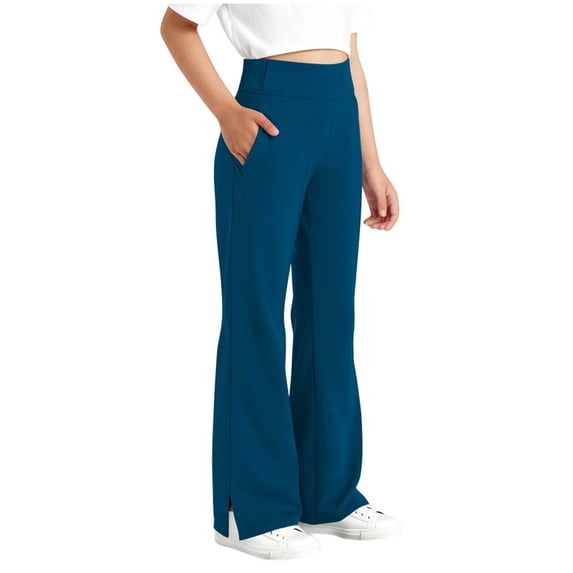 NAISIBABY Flare Pants for Girls, High Waist with Pockets Stretchy Soft Kids Casual Yoga Dance Bell Bottoms Blue 14T