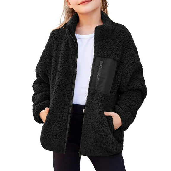 NAISIBABY Fleece Jacket for Girls, Full Zipper Stand Collar with Pockets Kids Winter Fuzzy Coat Clothes Black 10T