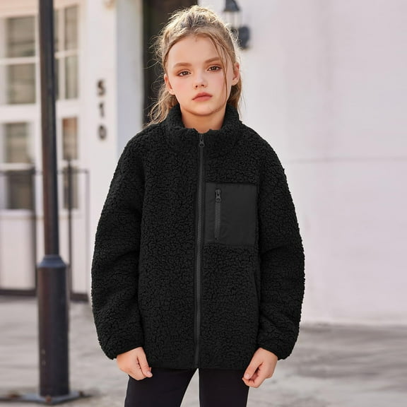 NAISIBABY Fleece Jacket for Girls, with Pockets Full Zipper Stand Collar Kids Winter Fuzzy Coat Clothes Black 11T