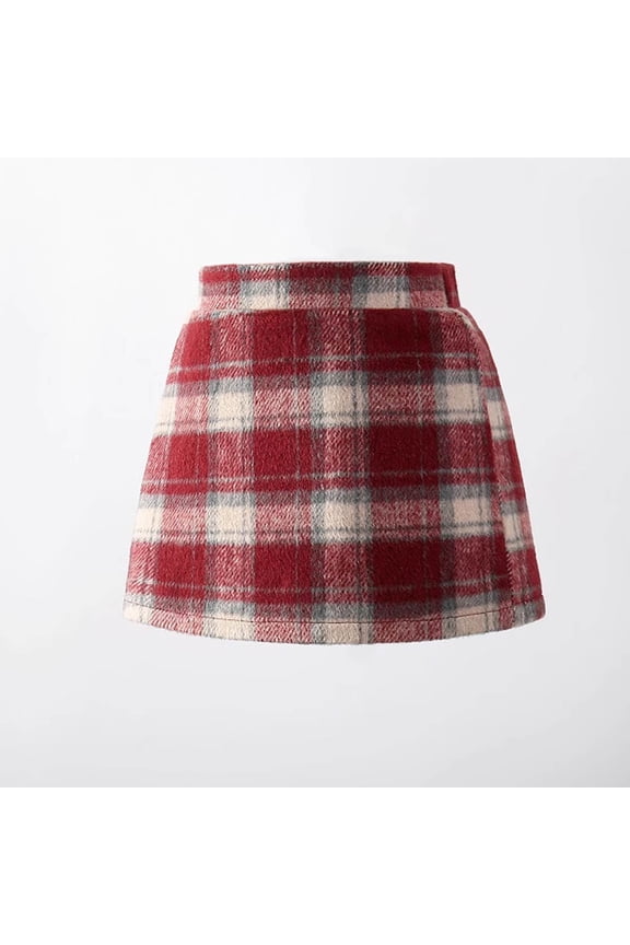 Fleece Skirt for Girls, Plaid A-line High Waist Fall Winter School Uniform Skirt Red 3T