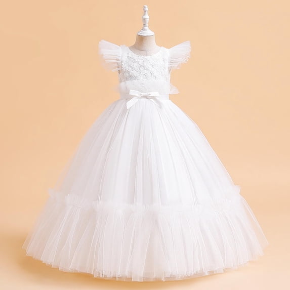 NAISIBABY Floral Dress for Girls, Elegant Bow Embroidered Mesh Ruffles Sleeve Birthday Wedding Pageant Princess Dress White 8T