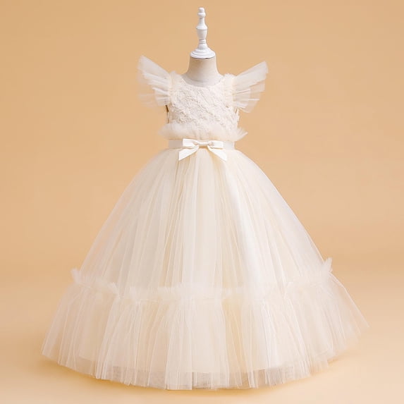 NAISIBABY Floral Dress for Girls, Ruffles Sleeve Embroidered Mesh Elegant Bow Birthday Wedding Pageant Princess Dress Yellow 7T