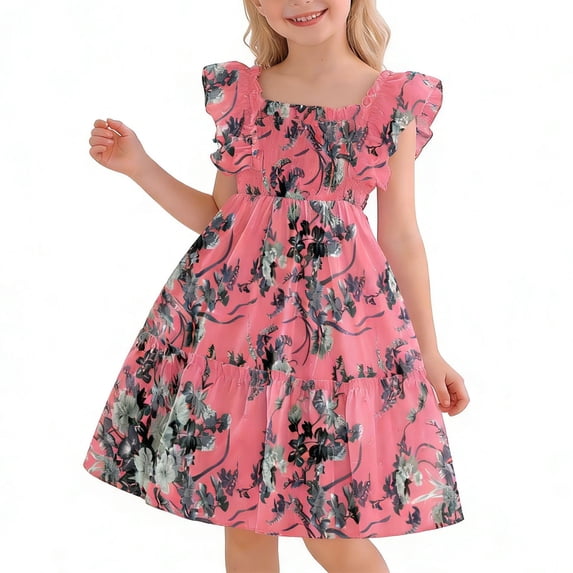 NAISIBABY Floral Dresses for Girls, Summer Casual Ruffles Sleeve Square Neck Party Birthday Smock Dress Hot Pink Size 4