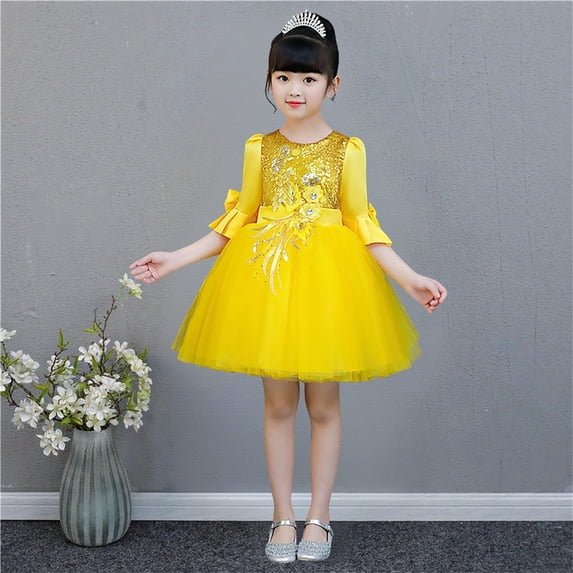 NAISIBABY Flower Dress for Girls, Mesh Embroidered Glitter Sequin Half Sleeve Wedding Party Birthday Pageant Princess Dress Yellow 12T